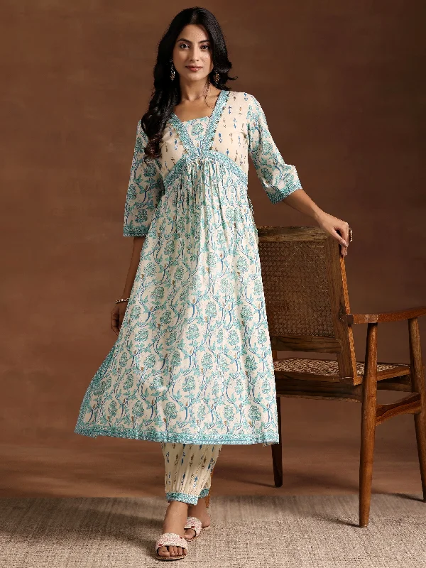 French Style Blue Printed Cotton A-Line Kurta With Salwar