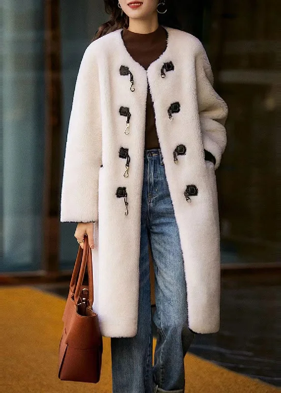 High Street Style Style White O Neck Pockets Button Patchwork Wool Coat Winter