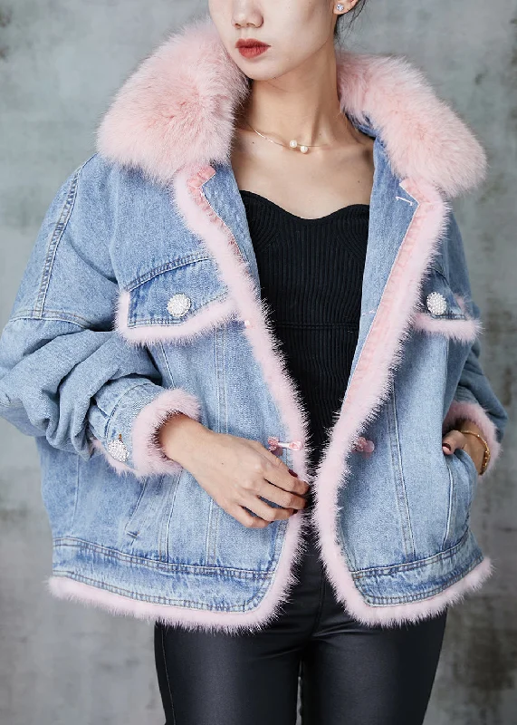 Exquisite Fabrics Bohemian Blue Raccoon Hair Collar Patchwork Fine Cotton Filled Denim Jackets Winter