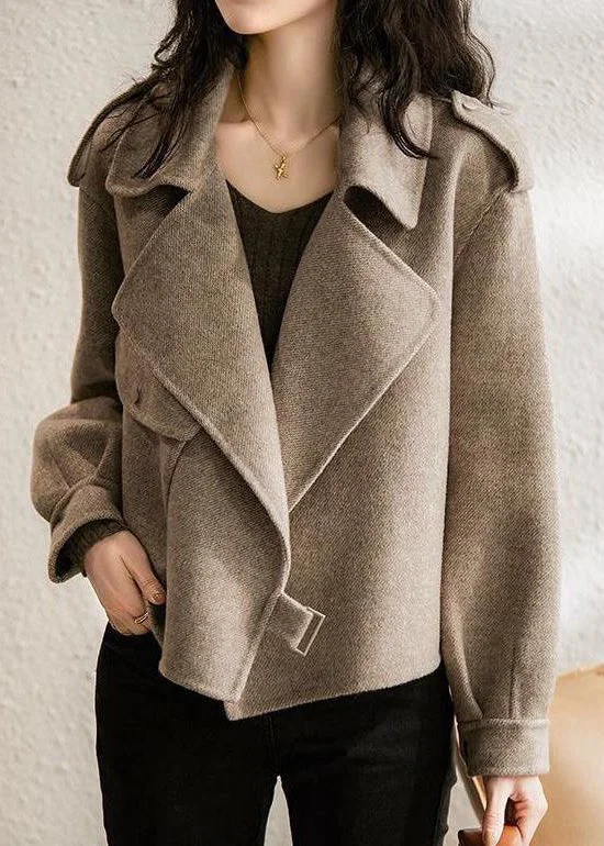 Stretch Design New Khaki Peter Pan Collar Pockets Woolen Coat Long Sleeve