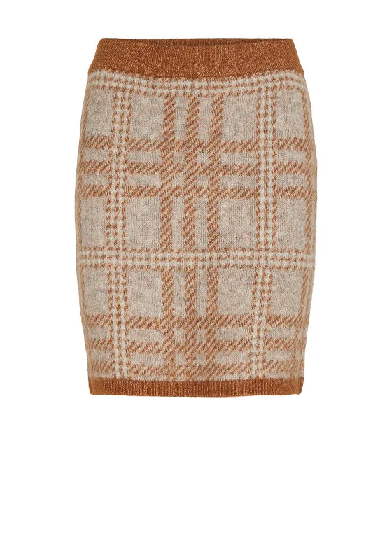 Warm Atmosphere Vila Cilia Check Print Knitted Mini Skirt, Caramel Cafe