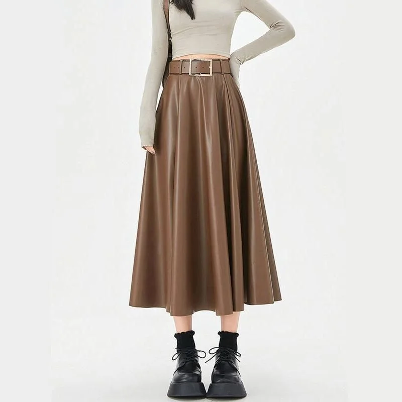 Unique Prints Elegant High-Waist Faux Leather Skirt with Belt