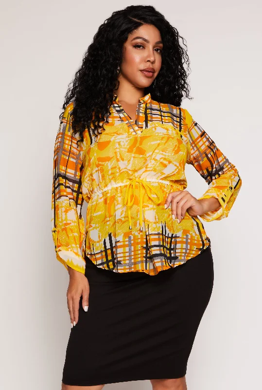 Tropical Style Plus Size Plaid Printed Tie Waist Top