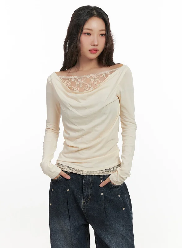 Fresh And Fashionable Lace Detail Cowl Neck Top CN426