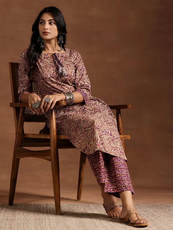 Exquisite Embroidery Purple Printed Cotton Straight Kurta Set