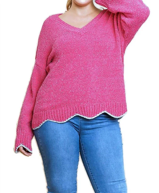 Elegant Temperament Zig Zag Pullover Sweater In Hot Pink