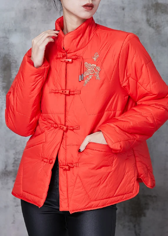 Casual And Comfortable Chinese Style Red Embroideried Oriental Duck Down Puffer Coat Spring