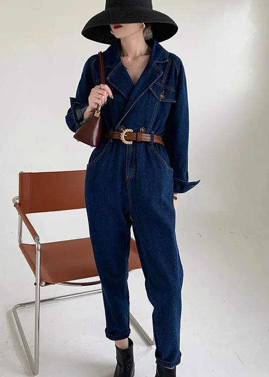 College Style Handmade Blue Peter Pan Collar denim Jumpsuit Spring