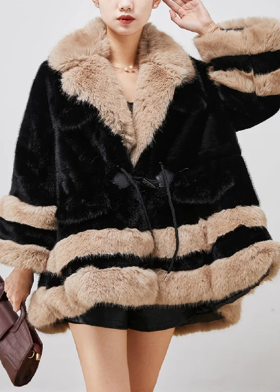 Embroidered Letters Classy Black Oversized Patchwork Faux Fur Trench Winter