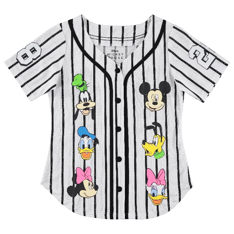 French Style Disney Girls Baseball Jersey T-Shirt with Lilo & Stitch and Mickey Mouse- Girls Sizes 4-16 Hot Pink