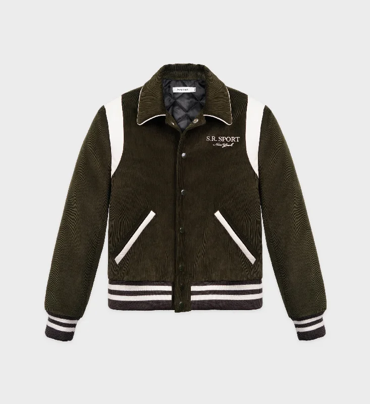 Feminine Charm SR Sport Corduroy Varsity Jacket - Dark Green/White