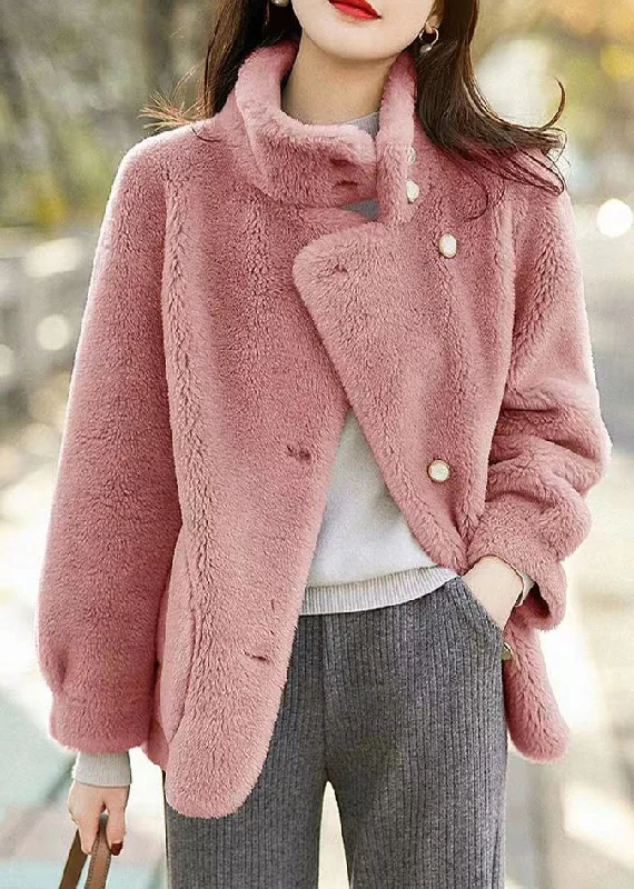 Sports Fashion Simple Pink Stand Collar Pockets Patchwork Woolen Jackets Winter