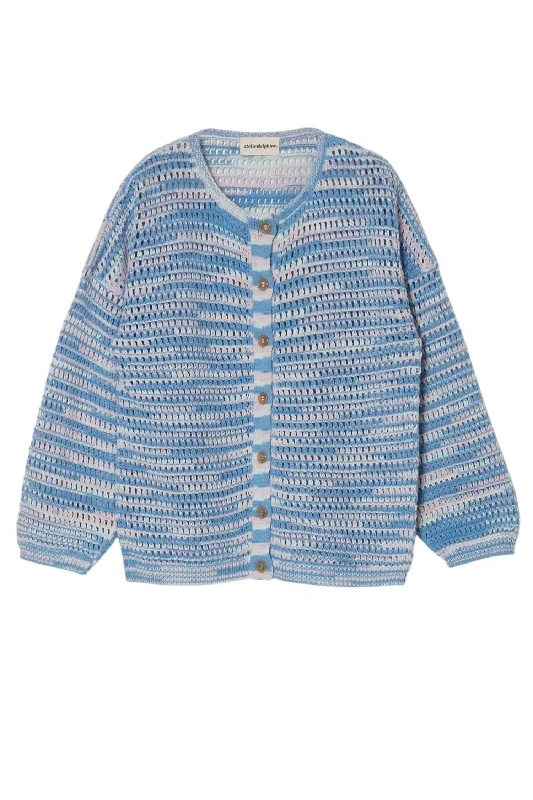 High Street Design Women's Crochet Bomber Cardigan In Melange Blue