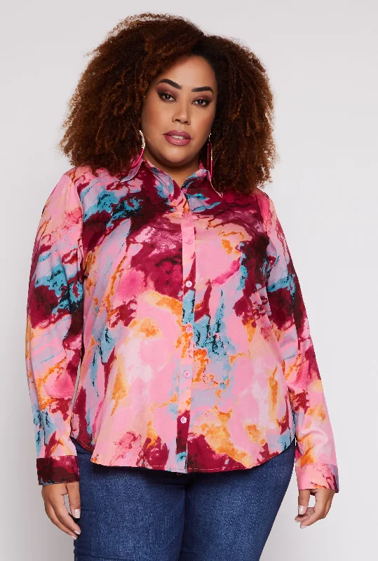 Casual And Comfortable Plus Size Marble Print Button Front Shirt