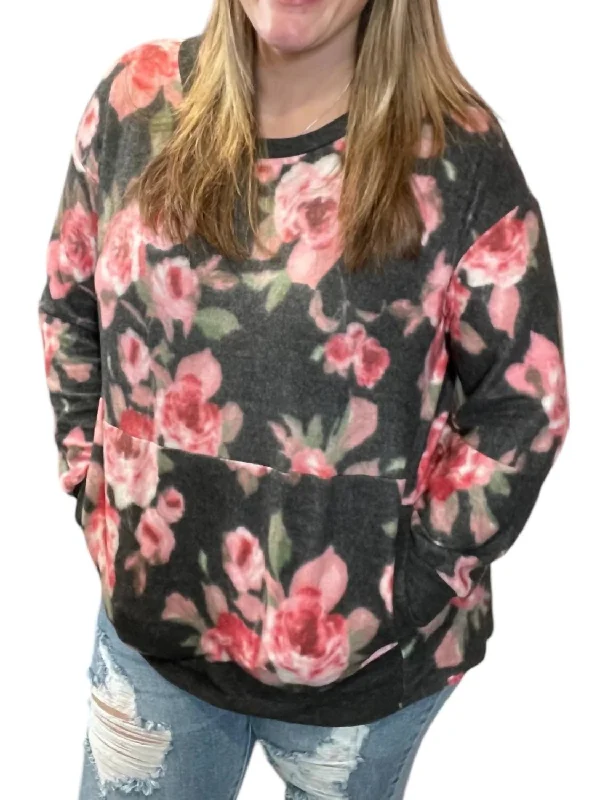 Sports And Leisure Floral Kangaroo Pocket Sweater In Black