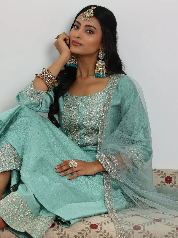 Minimalism Sea Green Woven Design Chanderi Silk A-Line Kurta With Palazzos & Dupatta