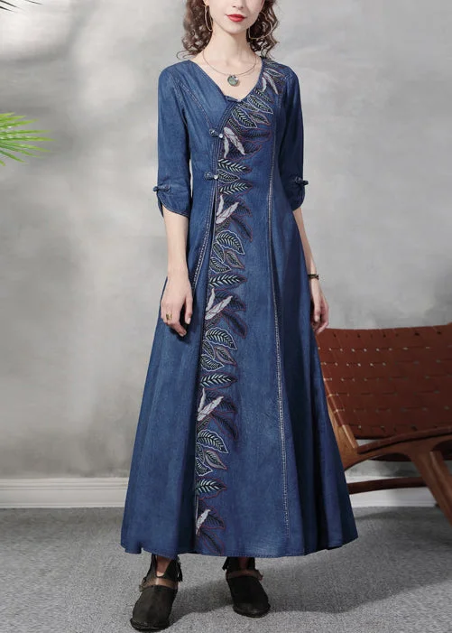 Luxury And Elegant Stylish Blue V Neck Leaf Embroideried Cotton Denim Maxi Dress Half Sleeve