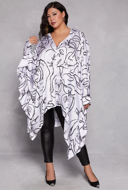 Refreshing Design Plus Size Satin Face Print Sharkbite Hem Blouse