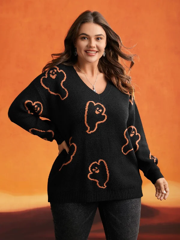 Age-reducing Style Spooky Ghost Pattern V-Neck Pullover