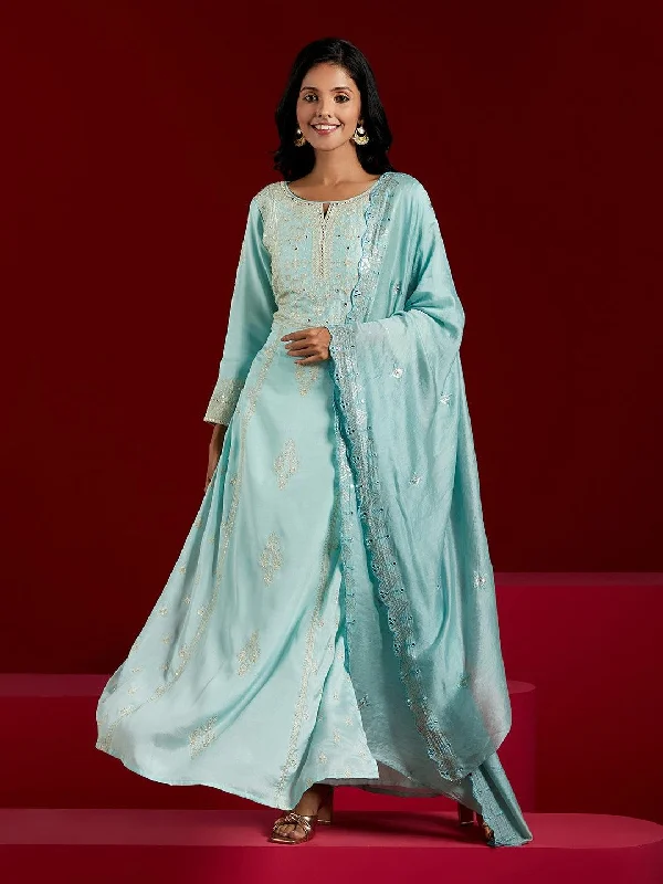 Fashionable Prints Libas Art Sea Green Embroidered Silk Blend A-Line Kurta With Trousers & Dupatta