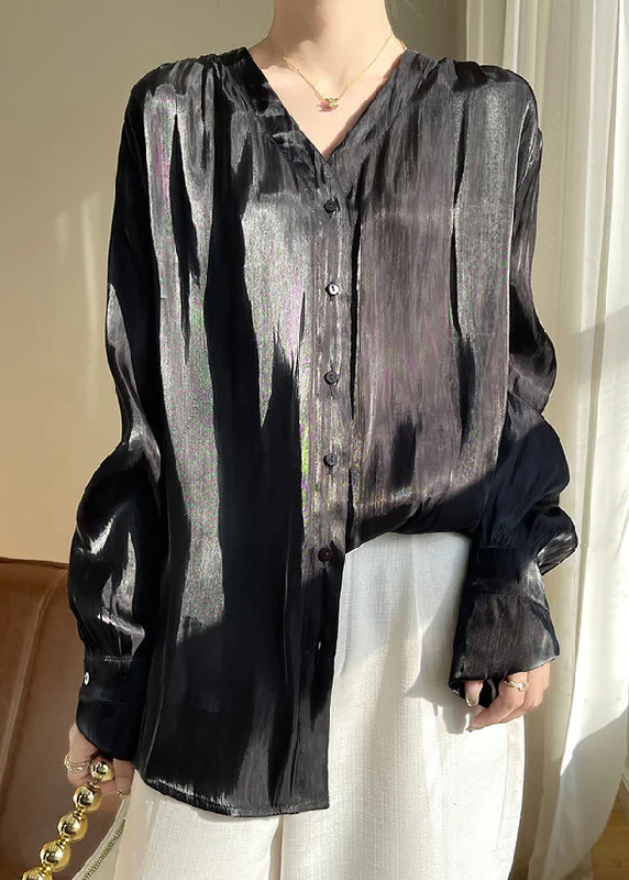 Modern Tailoring Black Button Silk Blouses V Neck Long Sleeve