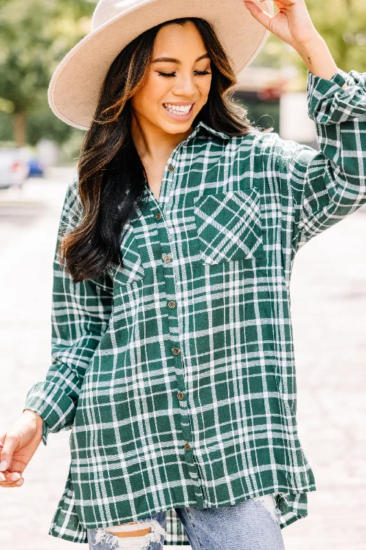 Unique Prints What You Like Hunter Green Plaid Button Down Top