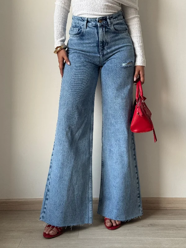 Celebrity Must-have Raw Rip Stone Blue Wide Leg Jeans