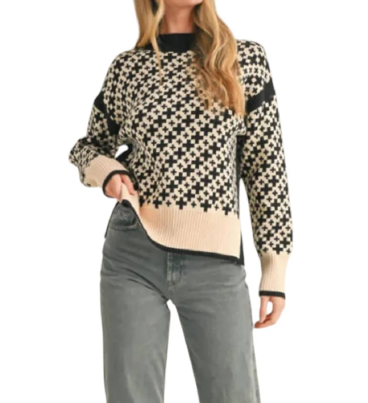 Noble And Elegant Mock Neck Geo Pattern Pullover Sweater In Black