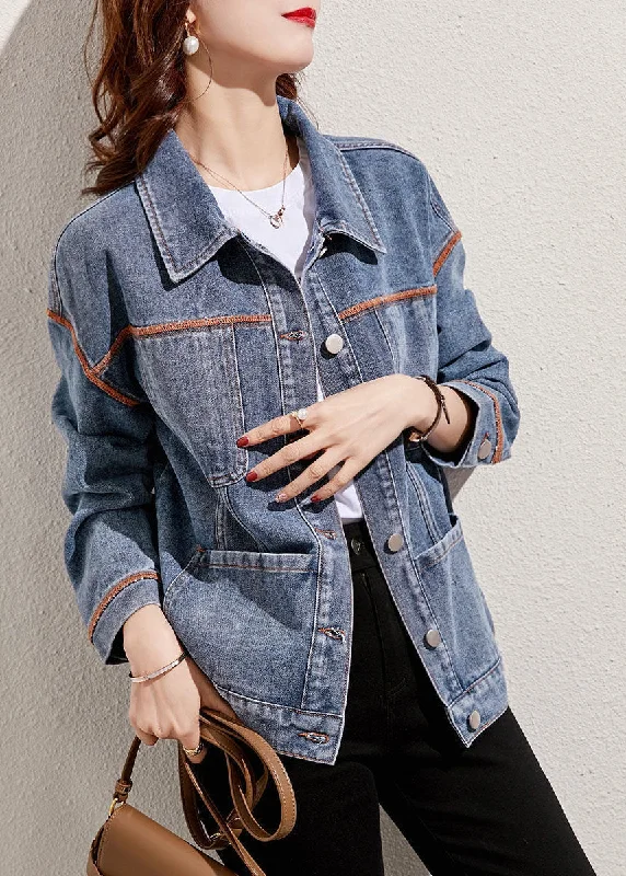 French Style Boutique Denim Blue Peter Pan Collar Patchwork Pockets Cotton Jacket Spring