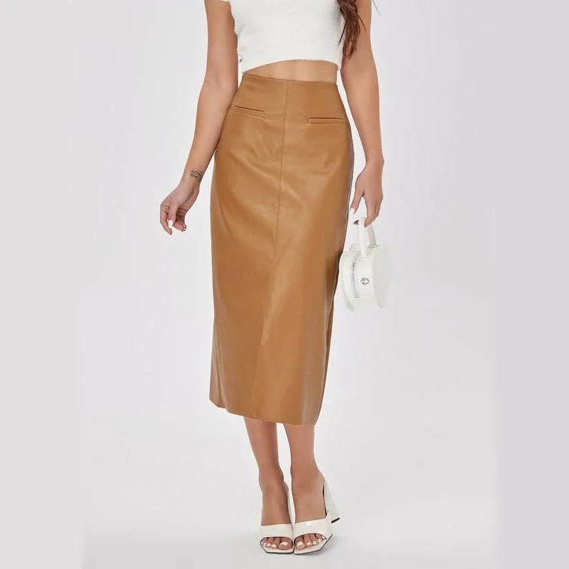 Luxury Style Elegant High-Waist Faux Leather Straight Skirt