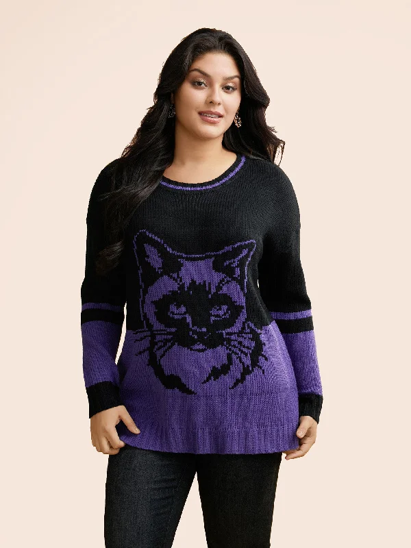 Fashionable And Versatile Mystic Cat Pattern Crew Neck Pullover