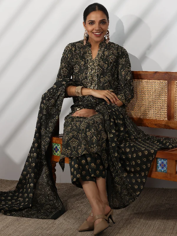 Must-have For Fashion Green Printed Cotton Straight Suit With Dupatta