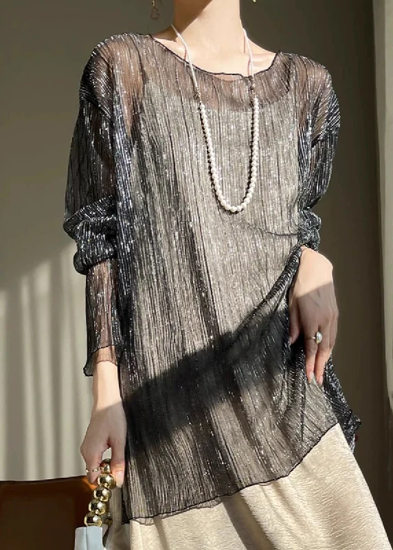 Fashionable Inner Wear New Black O Neck Patchwork Tulle T Shirt Long Sleeve