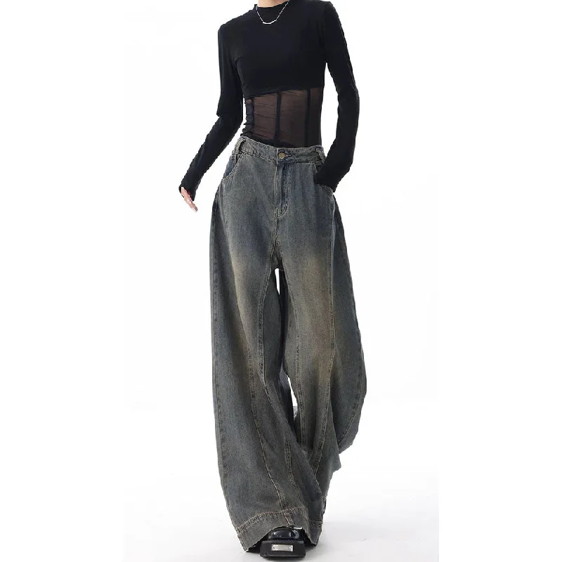 Slightly Flared Design Tinted Vintage Washed Wide Leg Baggy Jeans