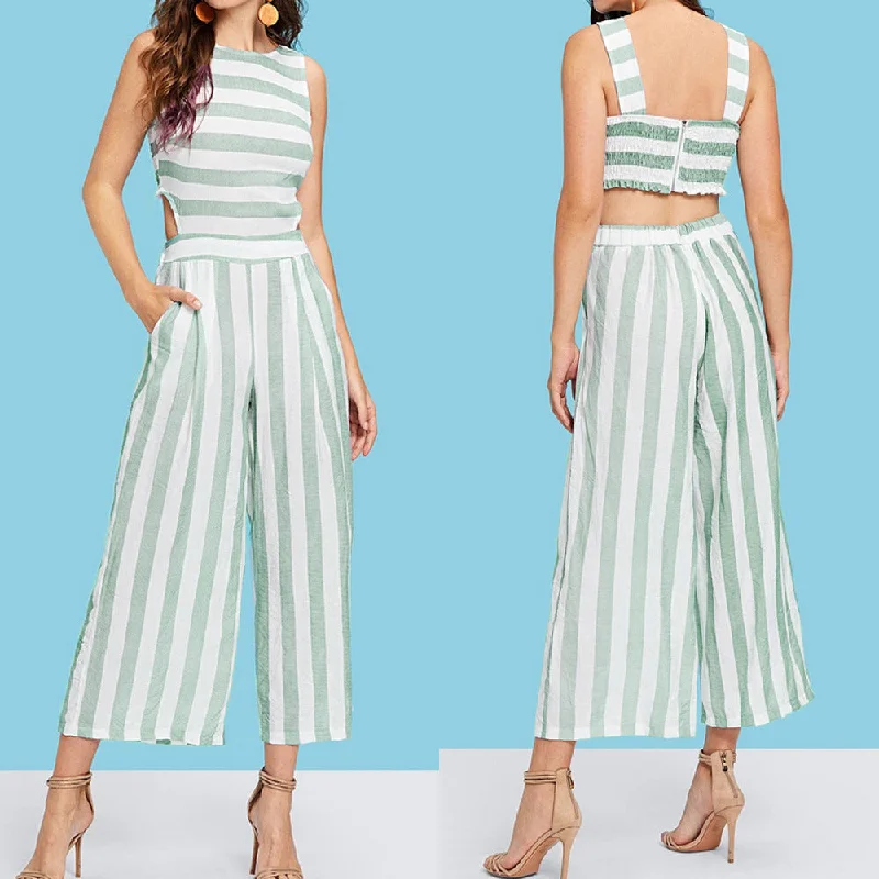 End Of The Year Designed Round Neck Baring Waist Striped Women Jumpsuits