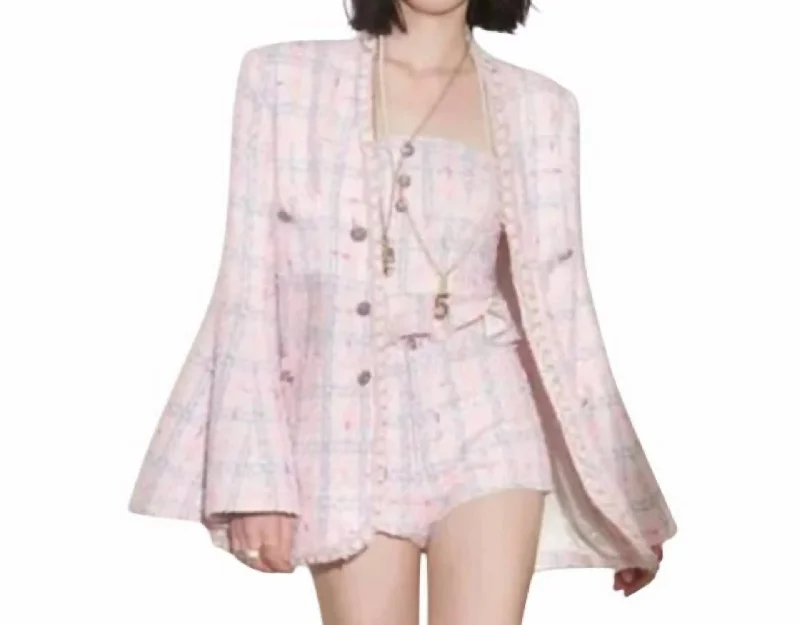 High Street Design Bell Sleeve Blazer & Short 2 Piece Set In Pink/tweed