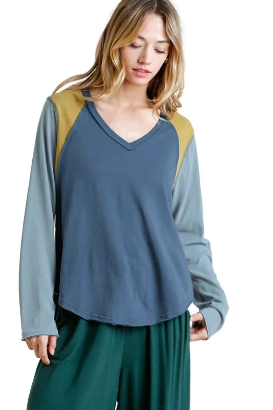 Fresh And Simple Color Block Raw Edge Top, Blue