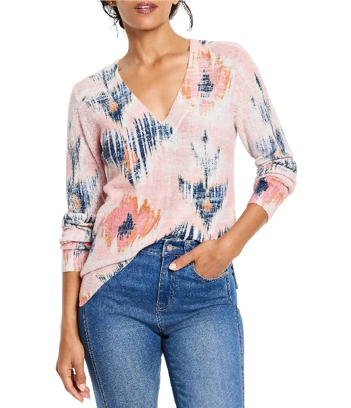 Casual And Comfortable Abstract Floral Waffle Stitch V-Neck Sweater In Pink Multi