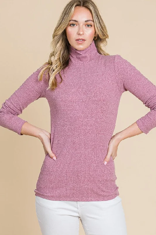 Double-sided Wear Mauve Ribbed Mock Neck Long Sleeve Top