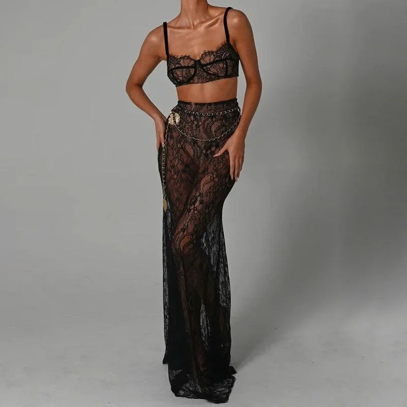 Versatile Items Elegant Lace Two-Piece Skirt Set - Sheath Crop Top with Maxi Skirt for Parties and Beach