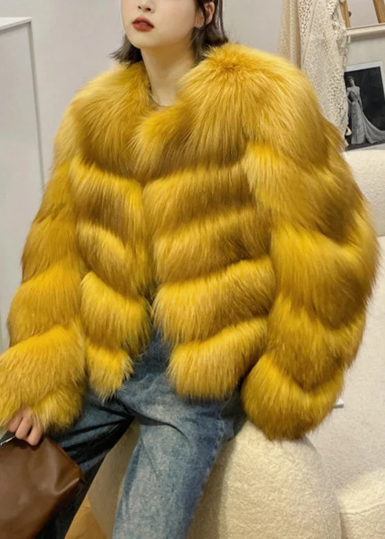 British Style Yellow O-Neck Zippered Leather And Fur Coat Winter