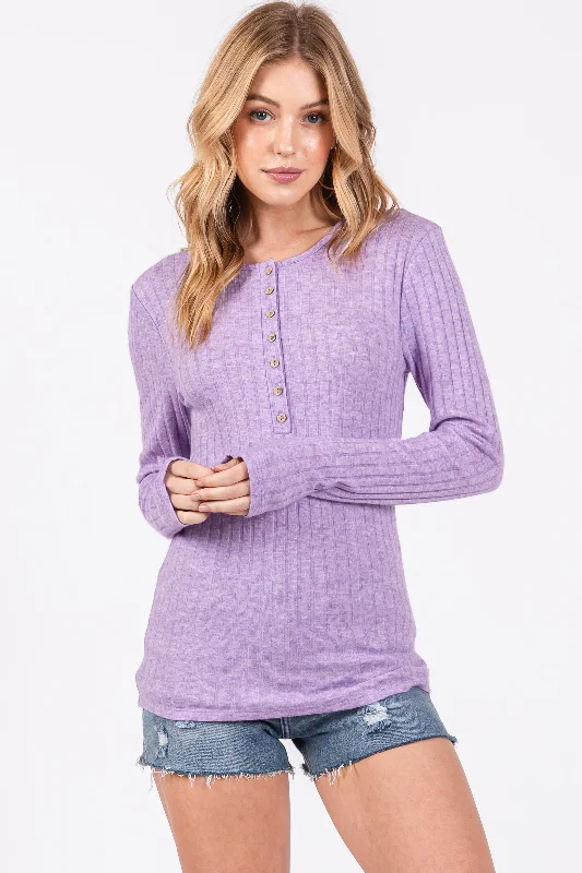 Elegant And Casual Lavender Ribbed Knit Button Long Sleeve Top