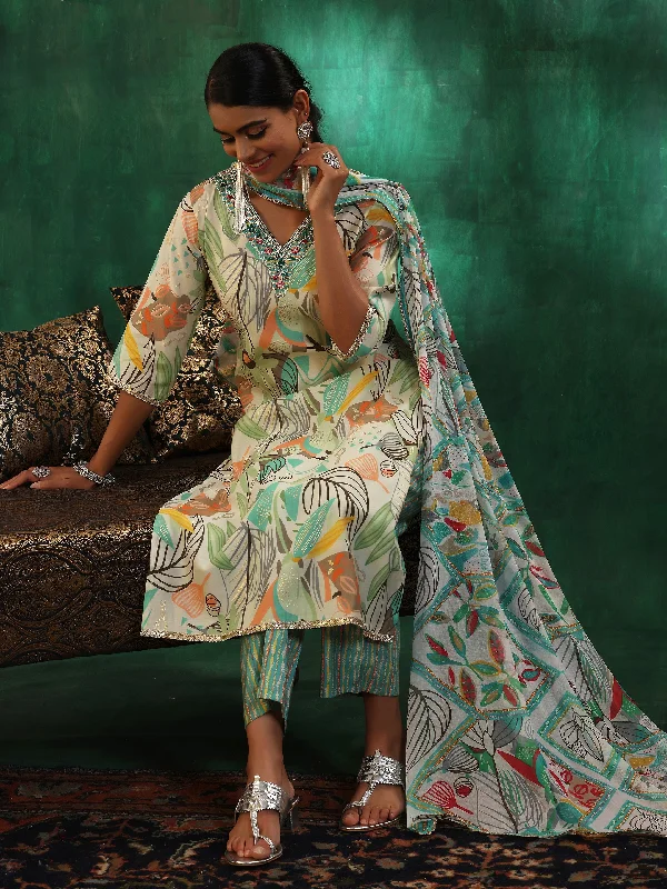 Exquisite Craftsmanship Off White Printed Silk Blend Straight Suit With Dupatta