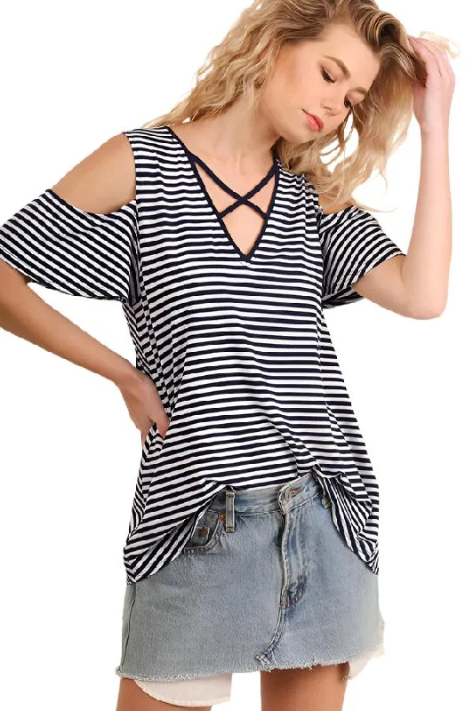 Comfortable And Versatile Cold Shoulder Striped Top, Navy