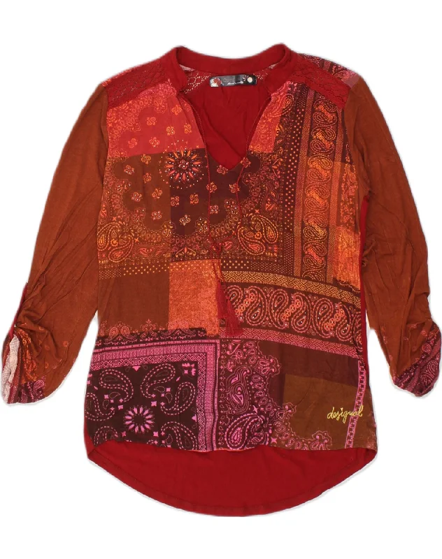 Cute Design DESIGUAL Womens Shirt Blouse UK 14 Large Red Patchwork Viscose