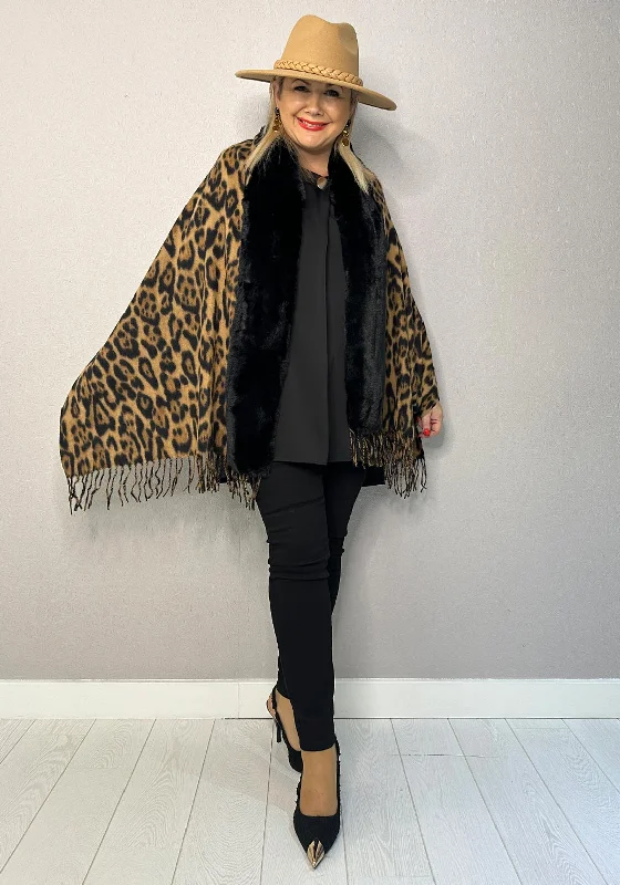 Modern City Serafina Collection One Size Faux Fur Leopard Print Cape, Brown