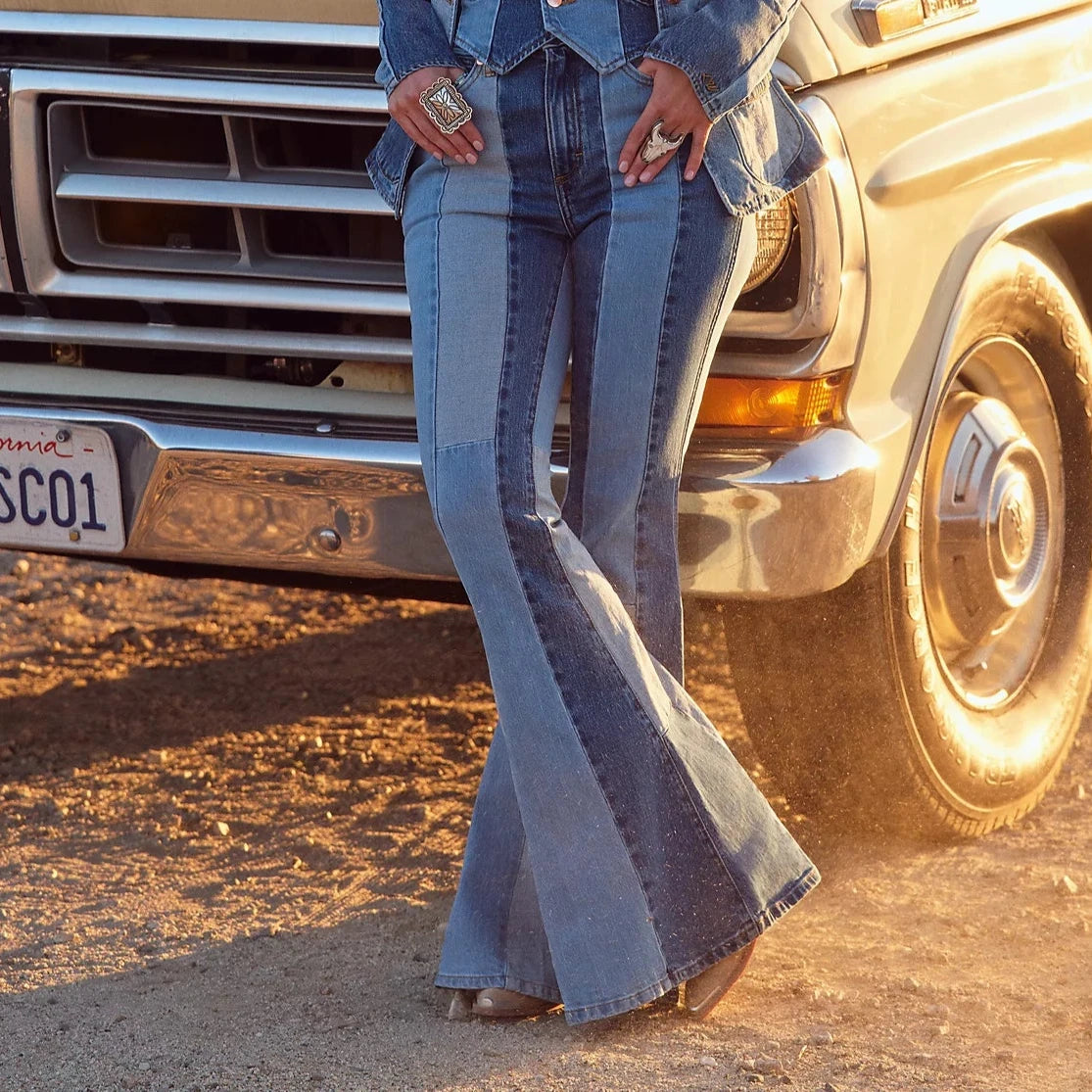 Exclusive Customization Wrangler x Lainey Wilson Patchwork Bell Bottoms in Patchwork Blue