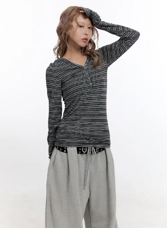 Embroidery Design Stripe Hooded Button-Up Top CN425