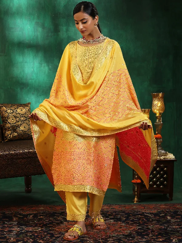 Sports And Leisure Yellow Embroidered Silk Blend Straight Suit With Dupatta