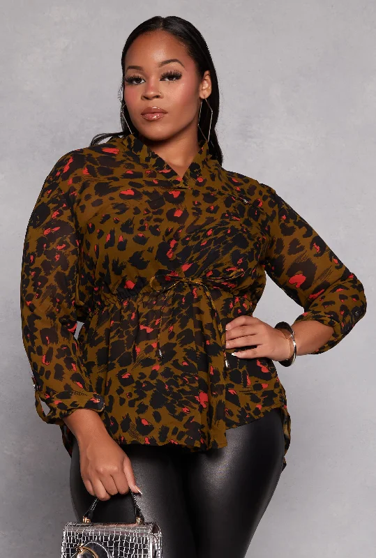 Exquisite Design Plus Size Animal Print Tie Waist Top